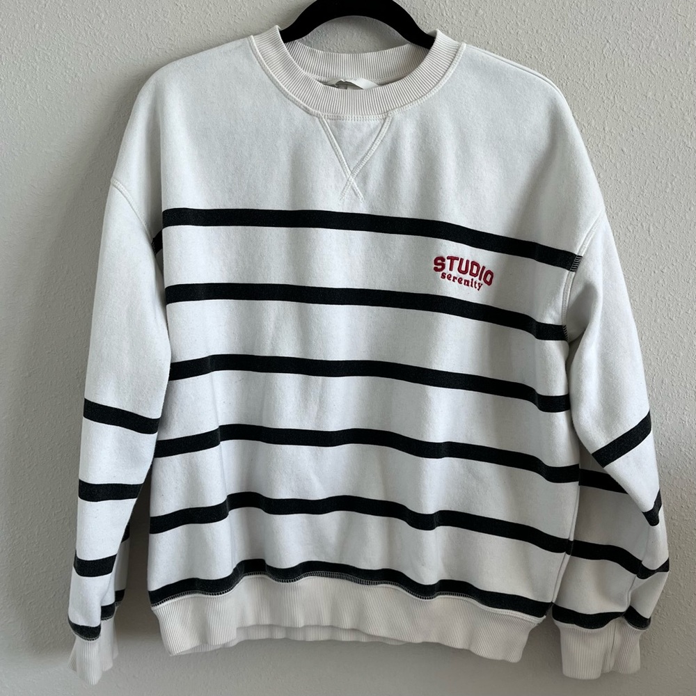 H&M Black and White Striped Crew Neck Sweater with Red Detail